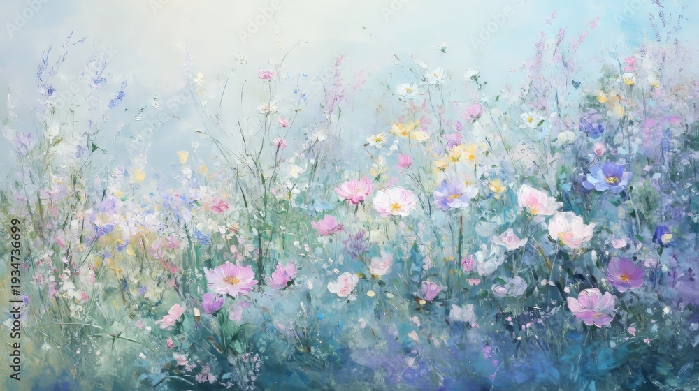 Obraz premium Dreamy pastel floral landscape with lush wildflowers under soft light