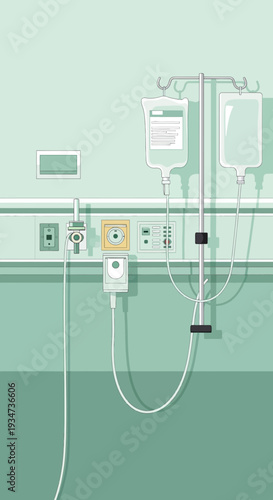Hospital Room Depiction Featuring IV Drips, Medical Infrastructure, and Wall-Mounted Equipment