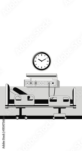 Hospital Room Depiction Featuring Patient Bed, Medical Equipment, And A Classic Wall Clock