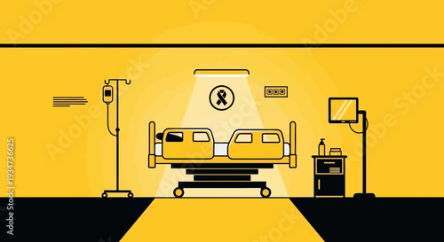 Hospital Room Depiction Featuring Medical Bed and Intravenous Drip in a Bright Design