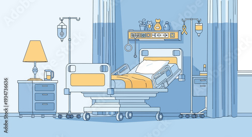 Hospital Room Depiction Featuring Patient Bed, Medical Equipment, and Curtains in Blue Tones
