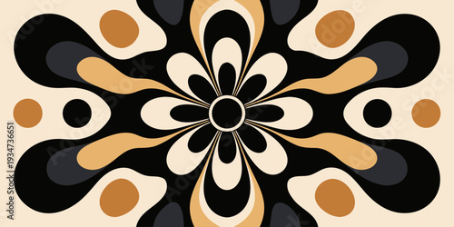 Retro Floral Abstract Symmetrical Pattern in Black Cream and Mustard Tones for Wallpaper, Textile, Wall Art and Interior Decor