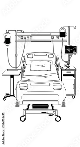 Hospital Room Depiction Featuring Medical Bed With Infusion Apparatus and Monitoring Equipment