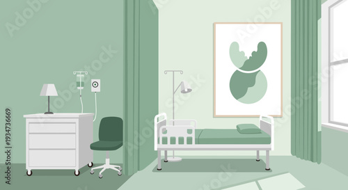 Hospital Room Depiction Featuring Medical Bed, Chair, and Decorative Modern Art