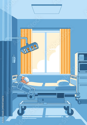 Hospital Room Depiction Featuring Patient Under Care With Surgical Lighting and Medical Equipment
