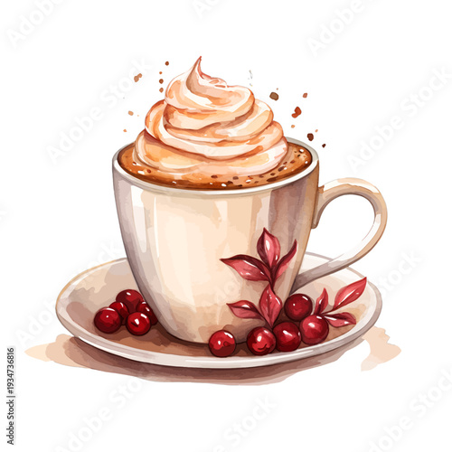 Watercolor hot chocolate with whipped cream and red berries on saucer