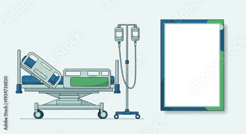 Hospital Room Depiction Illustrating Bed, IV Stand, And A Blank Frame For Content Or Design