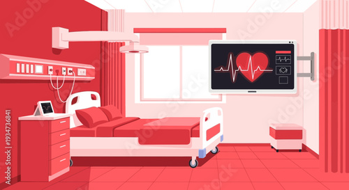 Hospital Room Depiction Illustrating Cardiac Monitoring And Medical Care For Health Patients