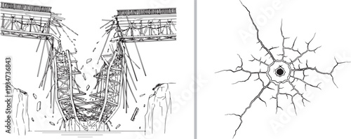 Technical line art vector featuring a collapsing industrial bridge structure and a detailed radial glass fracture pattern. Ideal for engineering, disaster, and impact analysis themes.