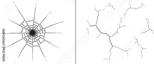 Black and white vector graphic featuring a high-impact spiderweb glass fracture on the left and a series of organic, lightning-like cracks on the right, separated by a vertical line.
