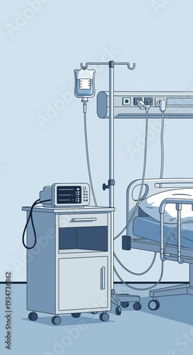 Hospital Room Depiction Illustrating Healthcare Equipment and Patient Bedding for Medical Concepts