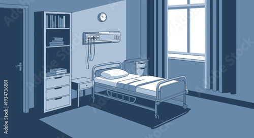 Hospital Room Depiction Illustrating Healthcare, Illness, and Recovery with Minimalist Approach