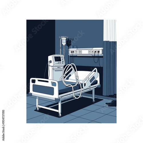 Hospital Room Depiction Illustrating Medical Equipment and Patient Bed with Oxygen Support System