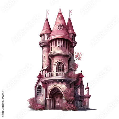 Watercolor pink fairytale castle tower with gothic windows and flower vines