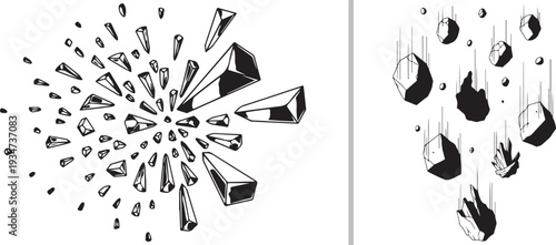 A black and white vector illustration showing a central explosion of geometric shards on the left and a series of falling rocks or debris with motion lines on the right.