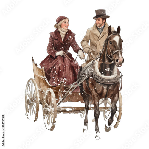 Watercolor vintage couple in horse-drawn carriage with winter snow

