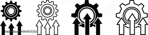 Gear icons with arrows indicating growth and progress on white background 