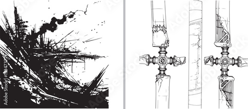 A gritty black and white vector featuring an abstract, splattered landscape of ruins and smoke, paired with technical sketches of mechanical cross-joints or structural components.