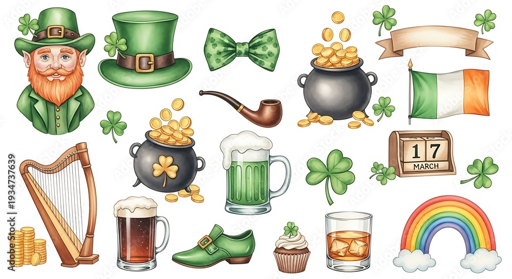 Fototapeta premium A collection of St. Patrick's Day illustrations featuring leprechaun, shamrocks, and Irish symbols