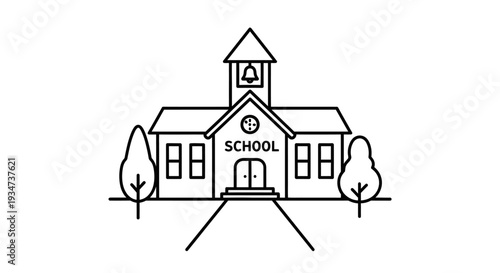 Simple line art illustration of a classic school building with a bell tower.