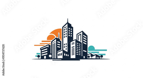 Cityscape silhouette featuring towering skyscrapers and urban architecture against a vibrant sunset backdrop.