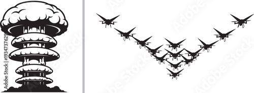 A powerful vector illustration featuring a rising nuclear mushroom cloud and a V-formation of stealth fighter jets. Ideal for themes of military conflict, air power, and global warfare.