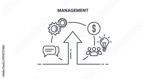 Business management concept with growth arrow, gears, and people icons.