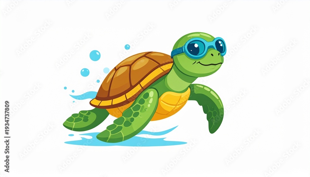 Fototapeta premium Smiling turtle wearing goggles swims through ocean water