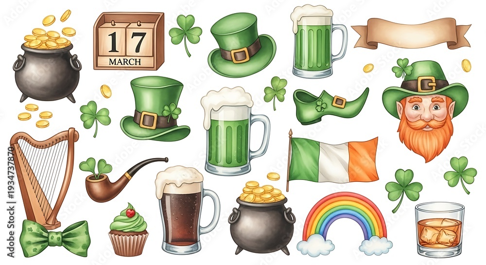 Fototapeta premium A collection of St. Patrick's Day themed illustrations, including symbols and icons