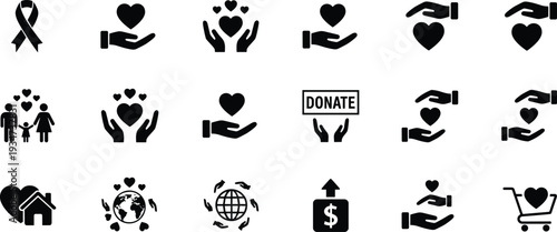Charity and donation icon set, heart care support fundraising silhouette vector collection