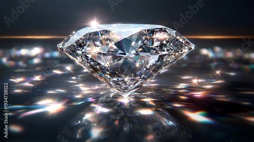 Brilliantly lit diamond with radiant reflections amidst dark background