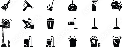 Cleaning service and housekeeping icon set, home sanitation tools silhouette vector collection