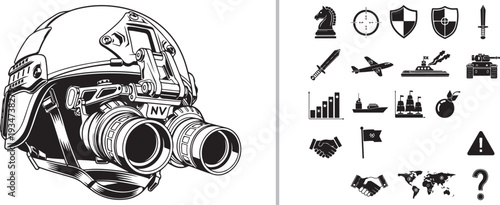 A black and white vector graphic featuring a detailed tactical helmet with night vision goggles on the left and a collection of military and strategic icons on the right.