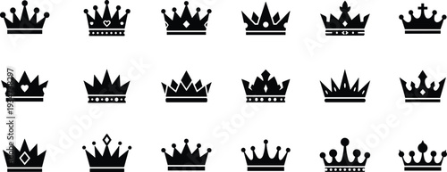Crown icon set, royal king queen tiara silhouette vector collection