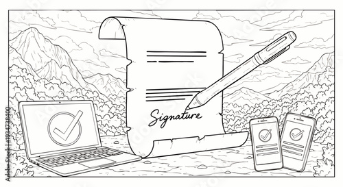 Digital Signature and Contract Signing with Laptop and Smartphones in a Mountain Landscape