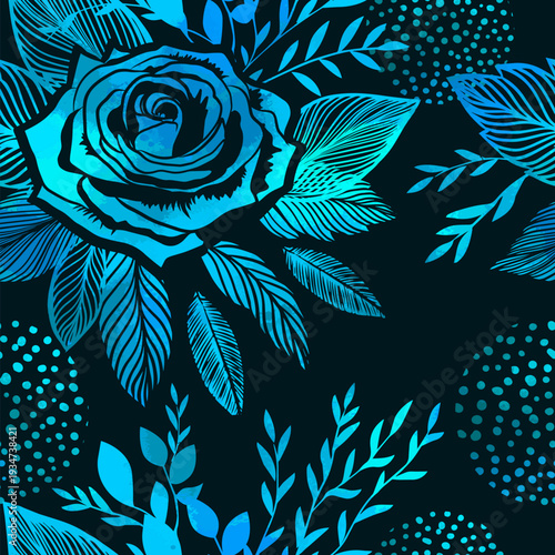 Seamless background with blue neon flowers rose. Hand drawn. Not AI, vector illustration.