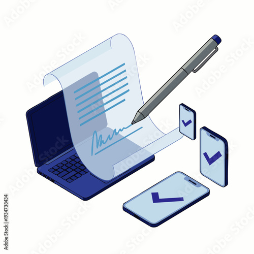 Digital signature on laptop screen with stylus, smartphones with checkmarks, representing electronic contract signing