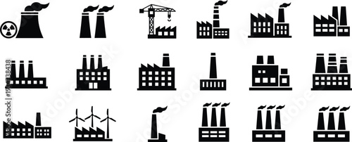 Factory and industrial plant icon set, power station pollution silhouette vector collection