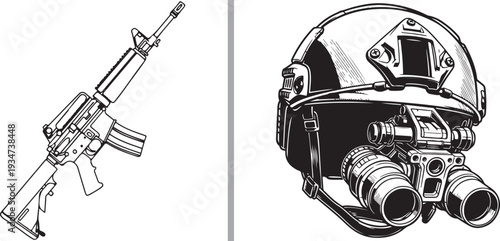 A black and white vector graphic featuring a line art illustration of an assault rifle on the left and a tactical helmet equipped with night vision goggles on the right.