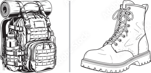 A detailed line art vector featuring a heavy-duty tactical rucksack with a rolled sleeping mat and a rugged lace-up combat boot. Ideal for themes of hiking, military trekking, and outdoor survival.