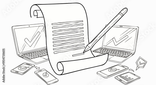 Digital signature on contract with laptops and smartphones, modern business agreement, electronic signing concept