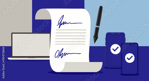 Digital signature on contract, electronic document signing with laptop and smartphone, legal agreement approval