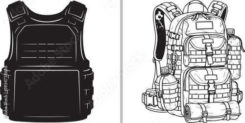 A vector graphic featuring a solid black silhouette of a tactical plate carrier vest on the left and a detailed line art drawing of a military rucksack on the right, split by a vertical line.