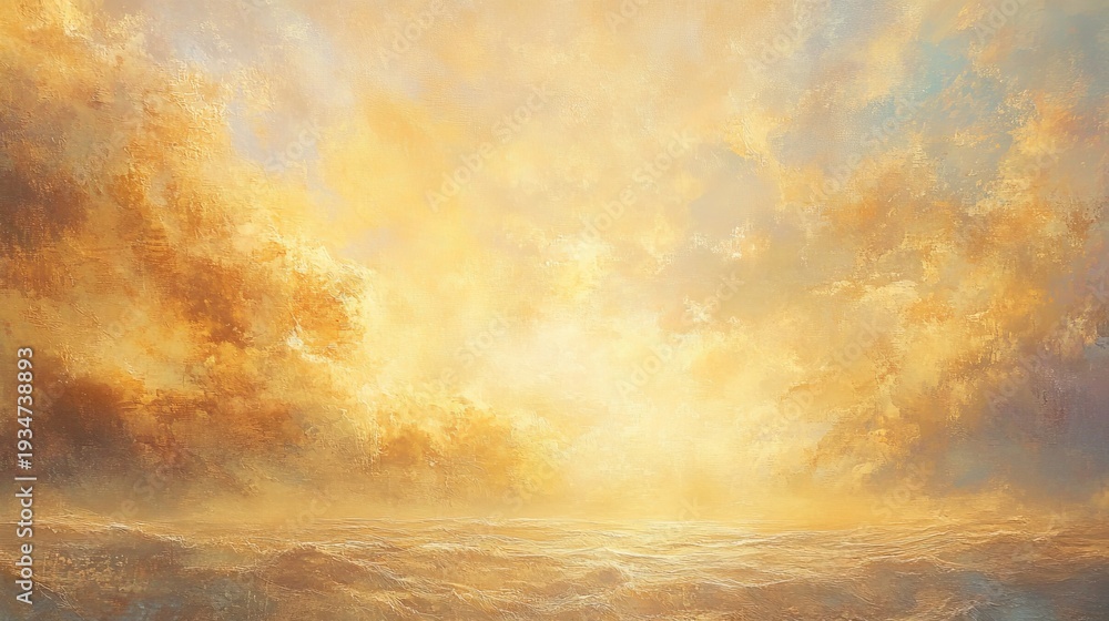 Obraz premium Ethereal sunset over ocean with dramatic golden clouds and tranquil waters