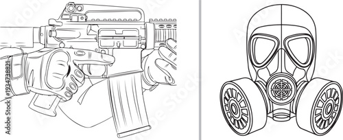 A detailed line art vector featuring a soldier's hands in tactical gloves holding an assault rifle, paired with a professional dual-filter gas mask. Ideal for military and defense themes.