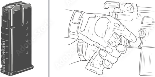 Vector illustration displaying a black tactical rifle magazine on the left and a line art drawing of gloved hands holding a firearm on the right, separated by a vertical gray line.