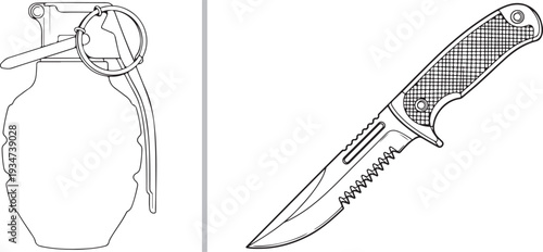 A clean line art vector featuring a tactical fragmentation grenade with a safety pin and a serrated survival knife. Ideal for themes related to military gear, defense, and outdoor survival.