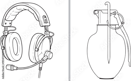 Line art vector illustration featuring a tactical communications headset with microphone on the left and a fragmentation grenade with a pull ring on the right, split by a vertical line.