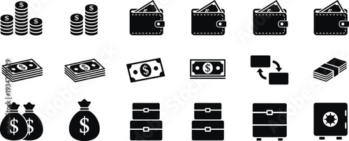 Money and finance icon set, cash wallet banknote savings silhouette vector collection