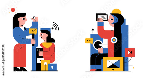 People using technology and devices.